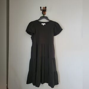 J Crew Midi Tiered Dress Size XS Cotton Knit Black Short Sleeves